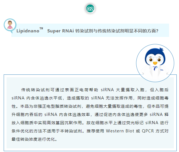 Lipidnano™Super RNAi转染试剂与传统转染试剂明显不同的方面？传统转染试剂可通过表面正电荷帮助 siRNA 大量摄取入胞，但入胞后 siRNA 内含体逃逸水平低，造成摄取的 siRNA 无法发挥作用，同时造成细胞毒性。本品为非强正电型脂质转染试剂，避免细胞大量摄取造成的毒性，但本品可提升细胞内吞后的 siRNA 内含体逃逸效率，通过促进内含体逃逸使更多 siRNA 释放入细胞质中实现高效基因沉默作用。故在细胞水平上通过荧光标记 siRNA 进行条件优化的方法不适用于本转染试剂。推荐使用 Western Blot 或 QPCR 方式对最佳转染浓度进行优化。